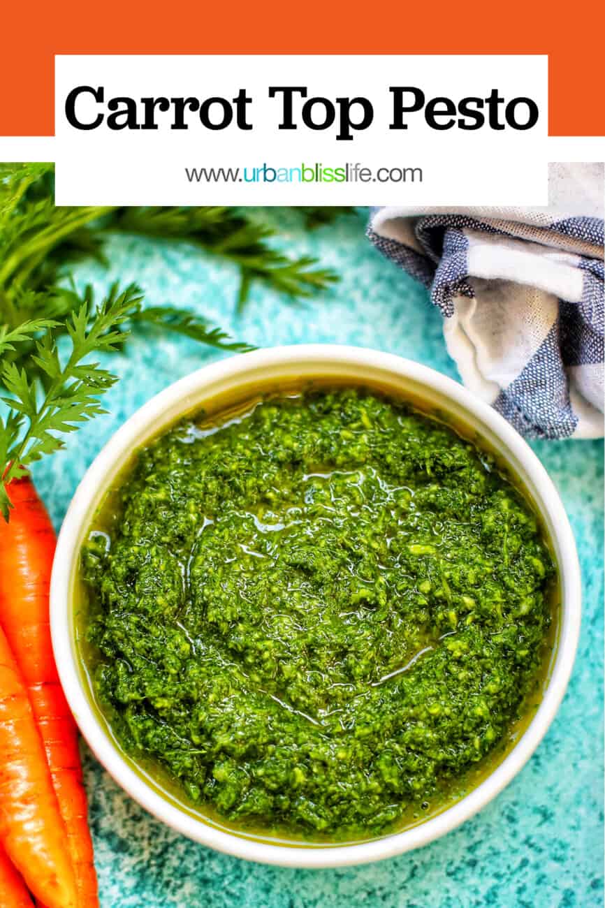carrot top pesto with text overlay