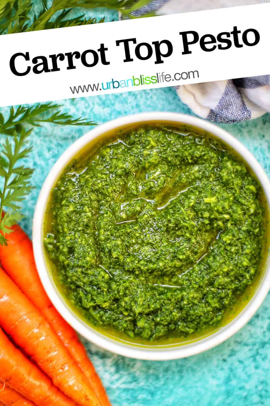 carrot top pesto with text overlay