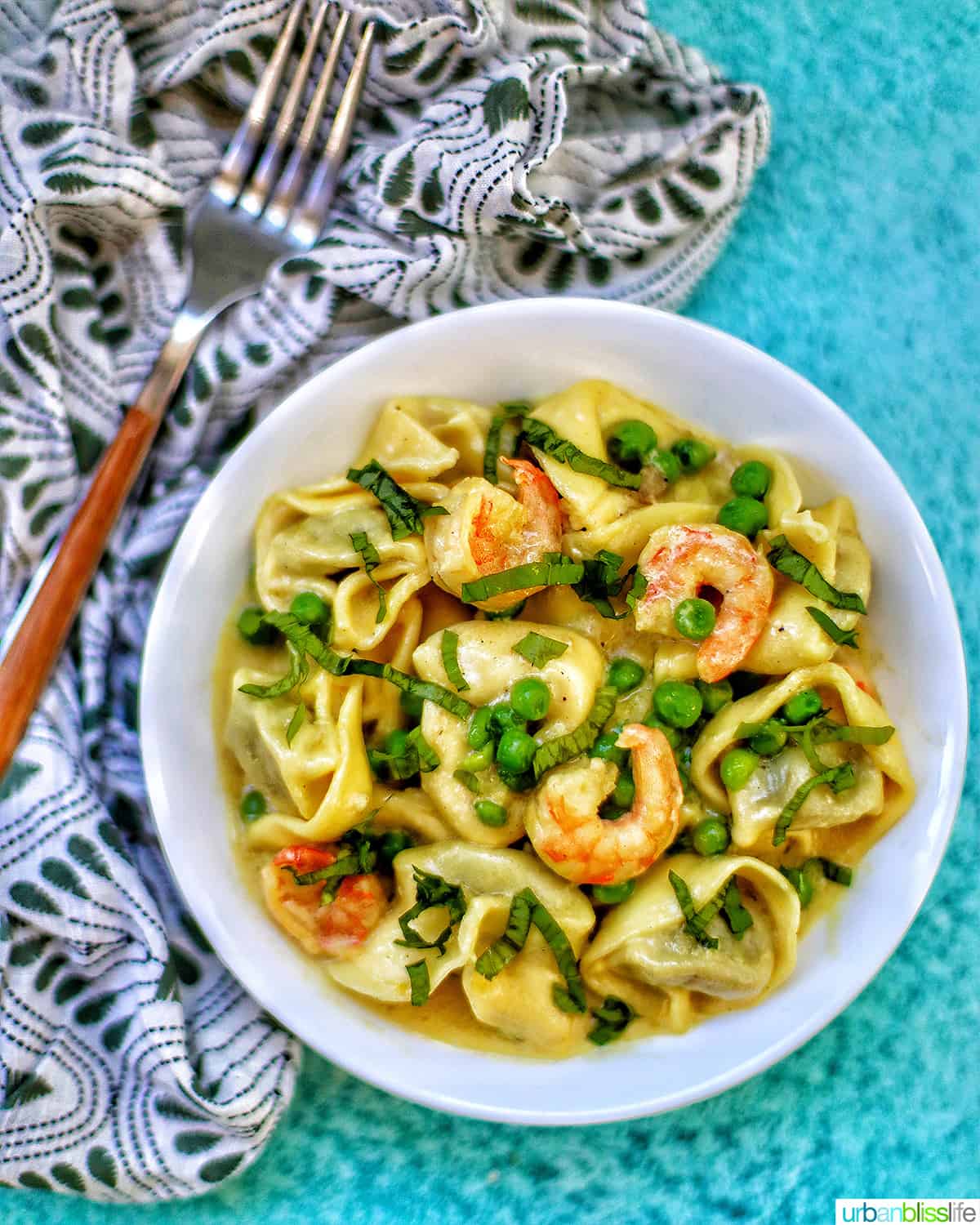 Dairy-Free Shrimp Tortellini with Peas in a bowl