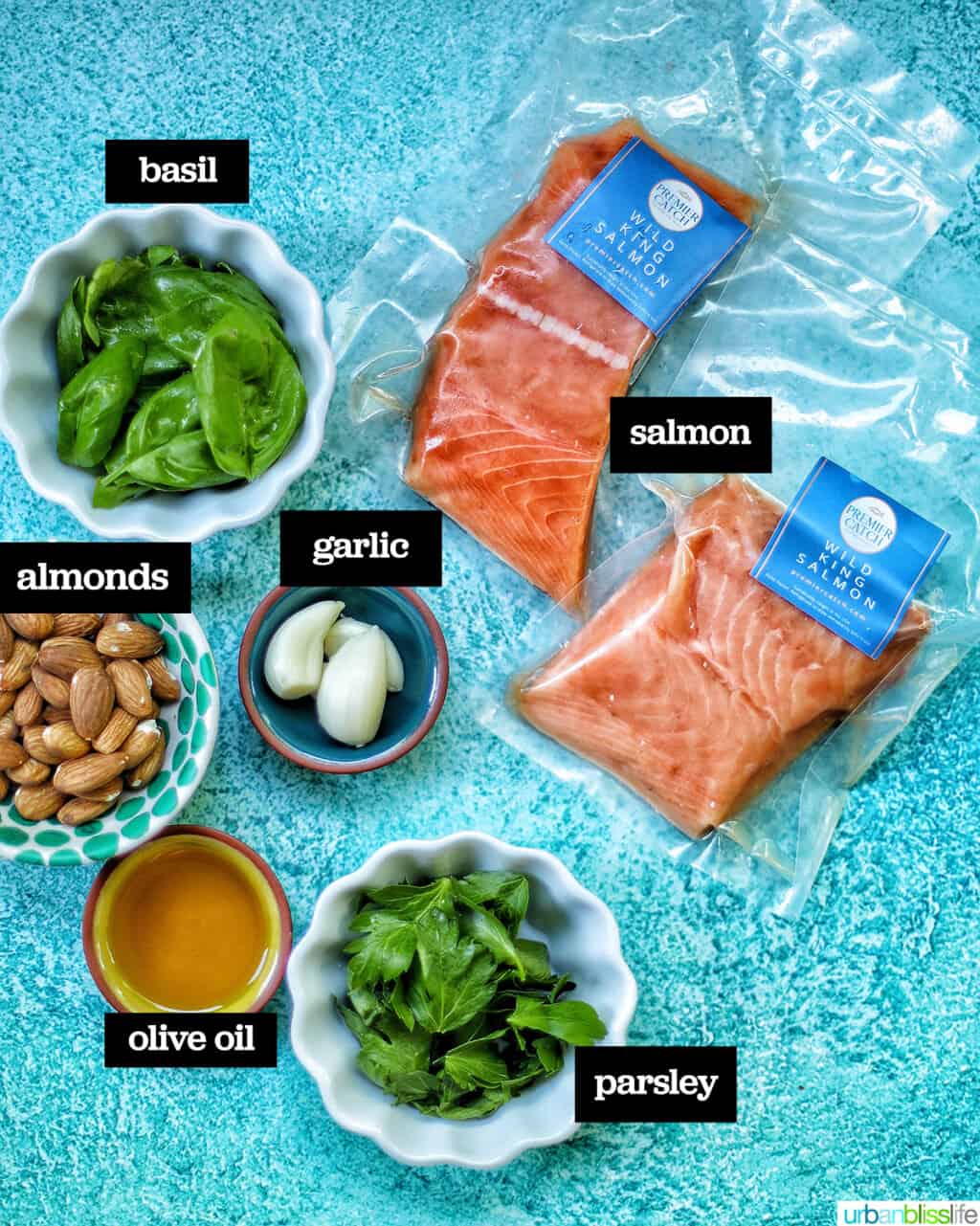 ingredients for pan-seared salmon with almond pesto