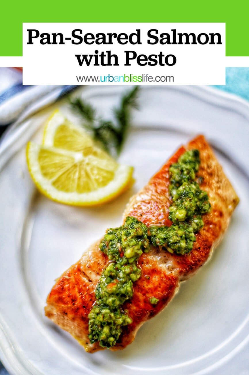 pan-seared salmon with pesto and text overlay