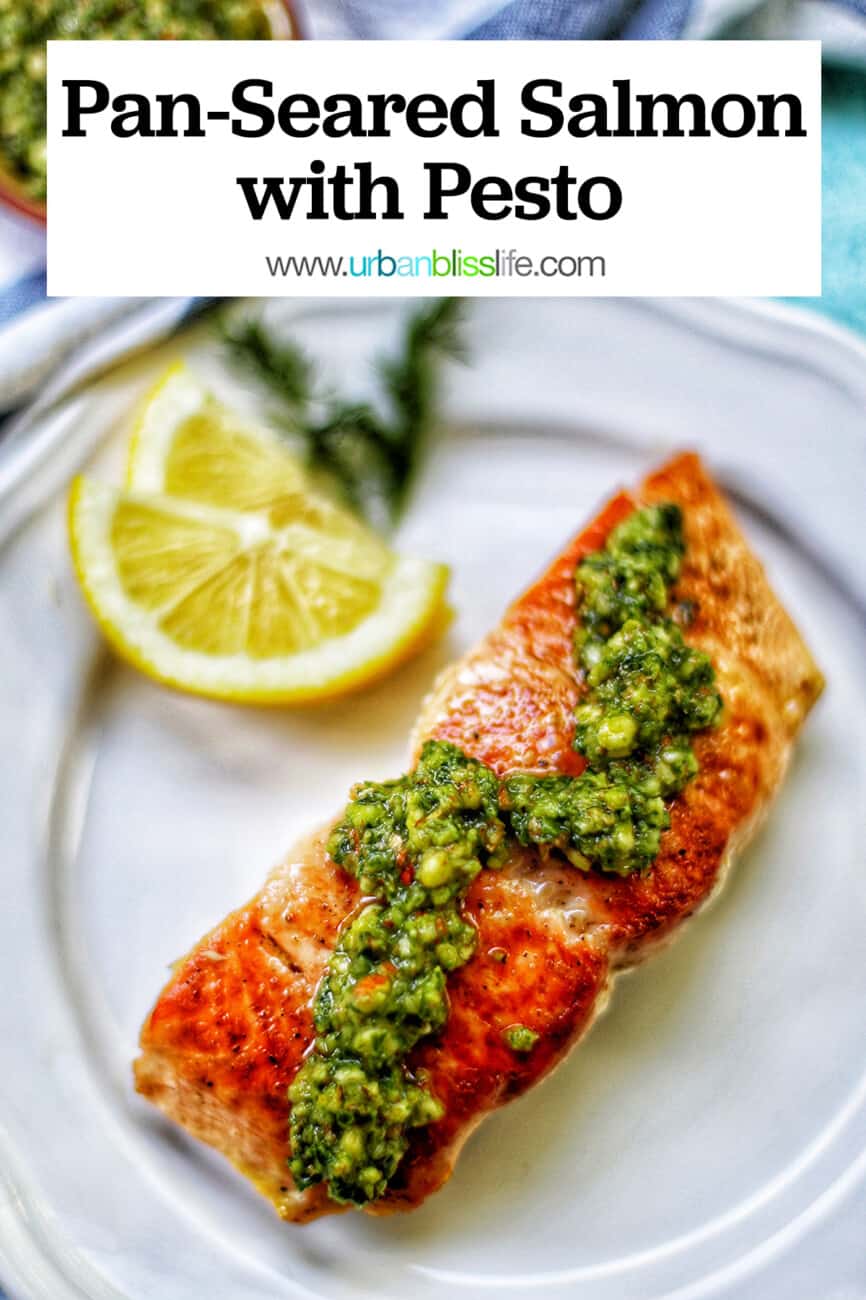 pan-seared salmon with pesto and text overlay