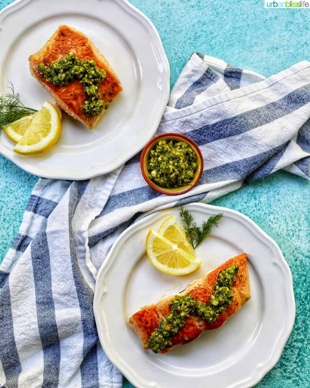 pan-seared salmon with almond basil  pesto - two plates