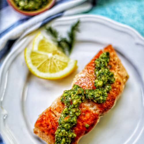 pan-seared salmon with almond basil pesto