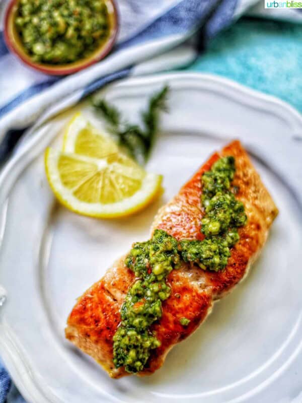 pan-seared salmon with almond basil pesto