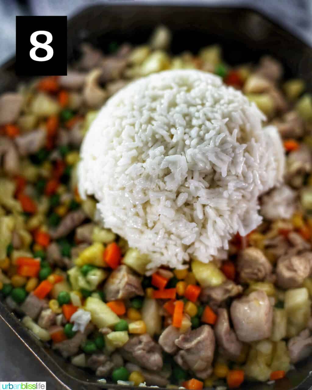 rice on top of fried rice meat and veggies