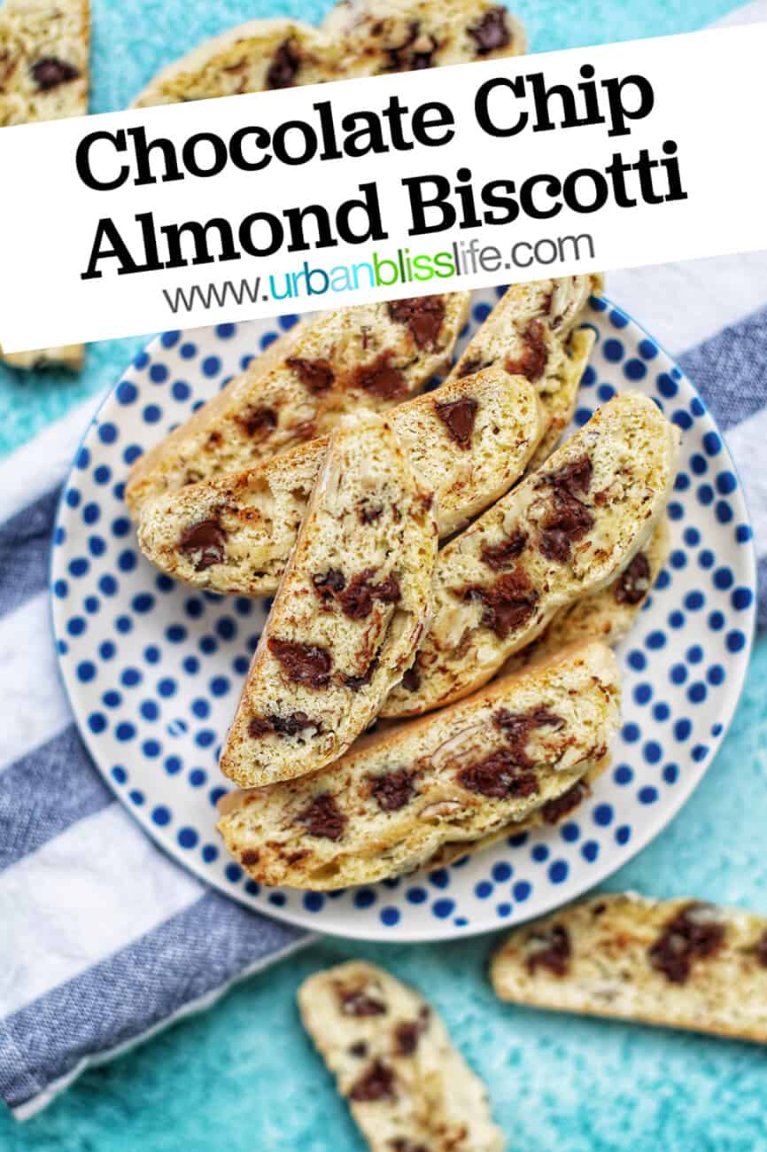 plate of chocolate chip almond biscotti with text overlay