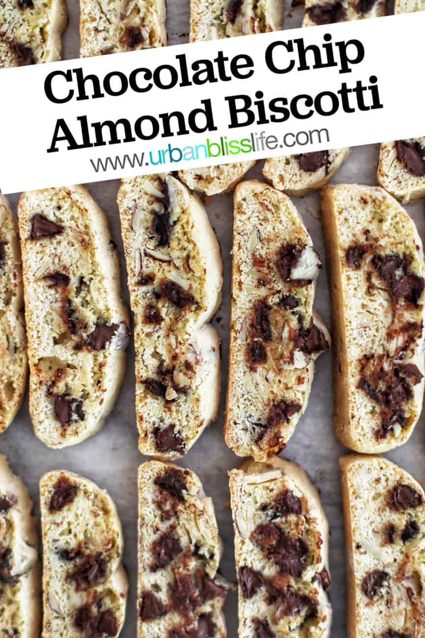 baking sheet of chocolate chip almond biscotti with text overlay