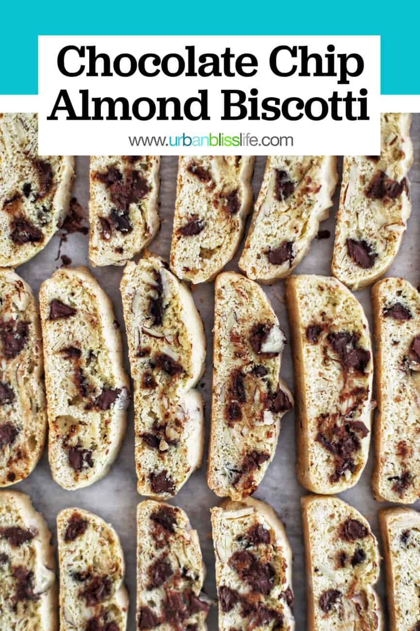 baking sheet of chocolate chip almond biscotti with text overlay