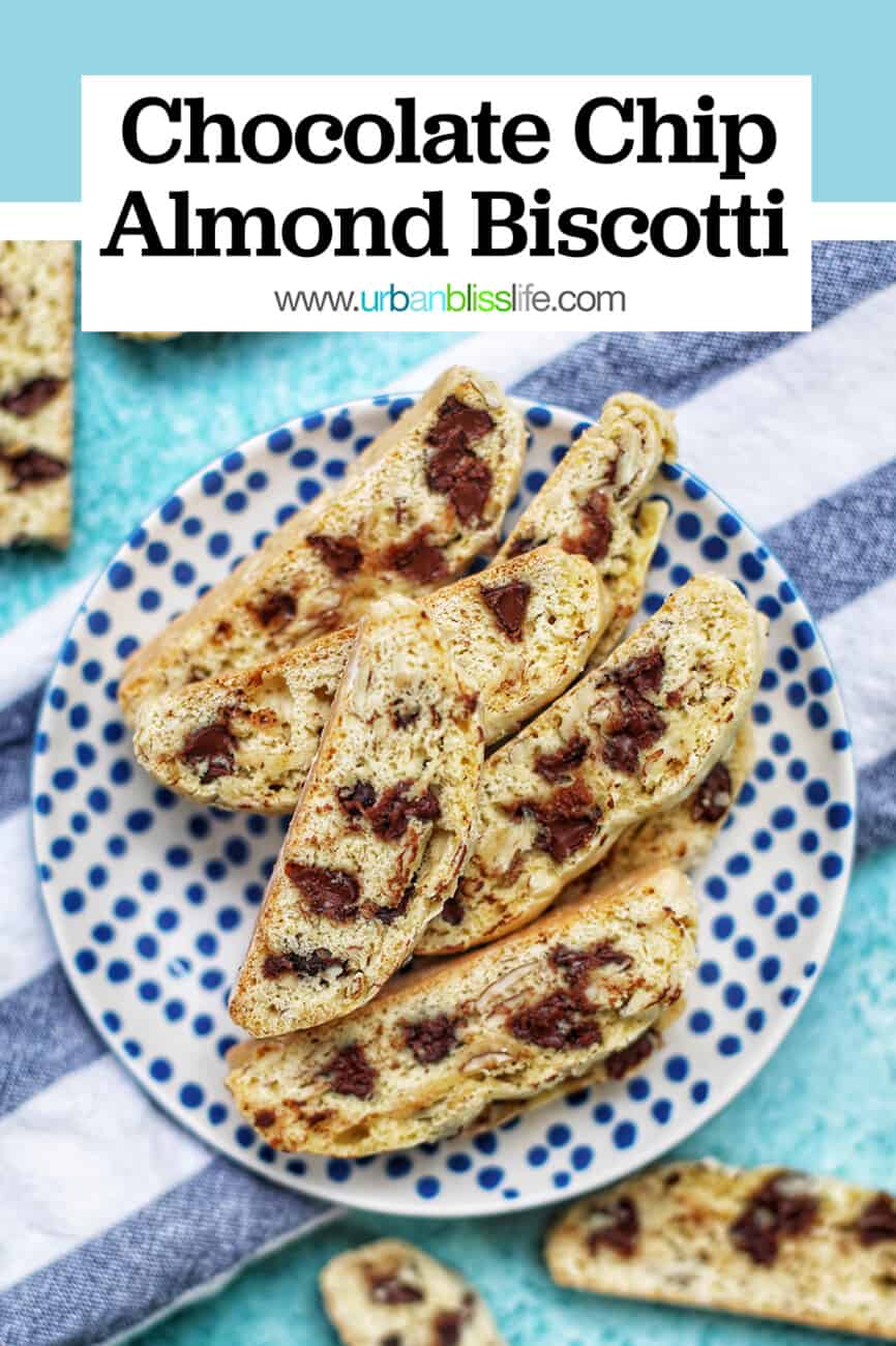 plate of chocolate chip almond biscotti with text overlay