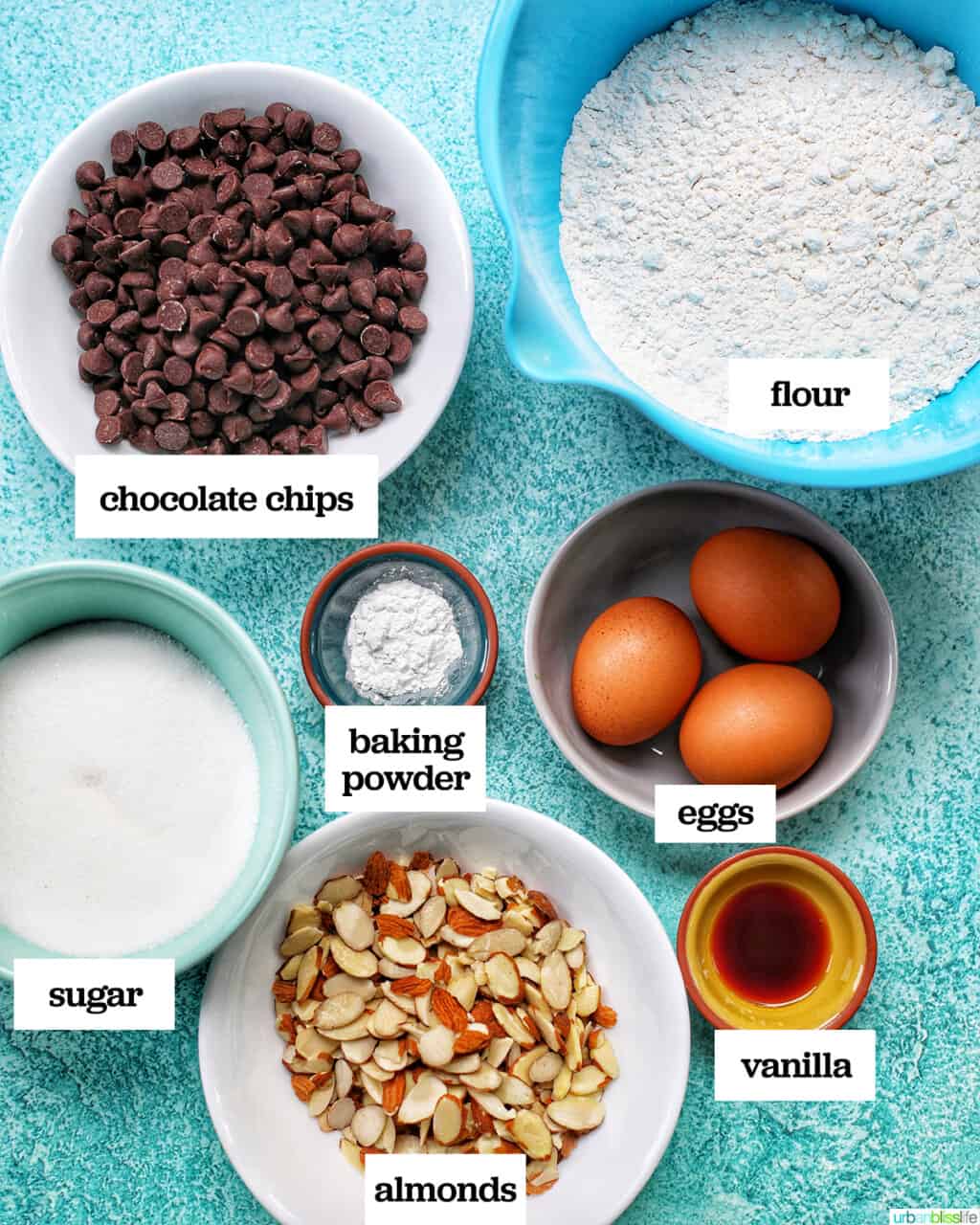 ingredients in bowls for chocolate chip almond biscotti