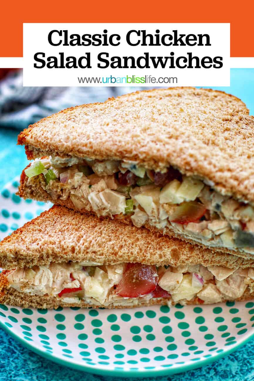chicken salad sandwich with text overlay
