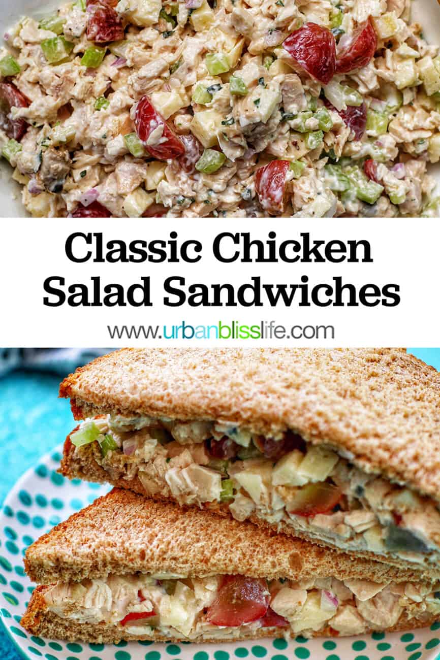 chicken salad sandwich with text overlay