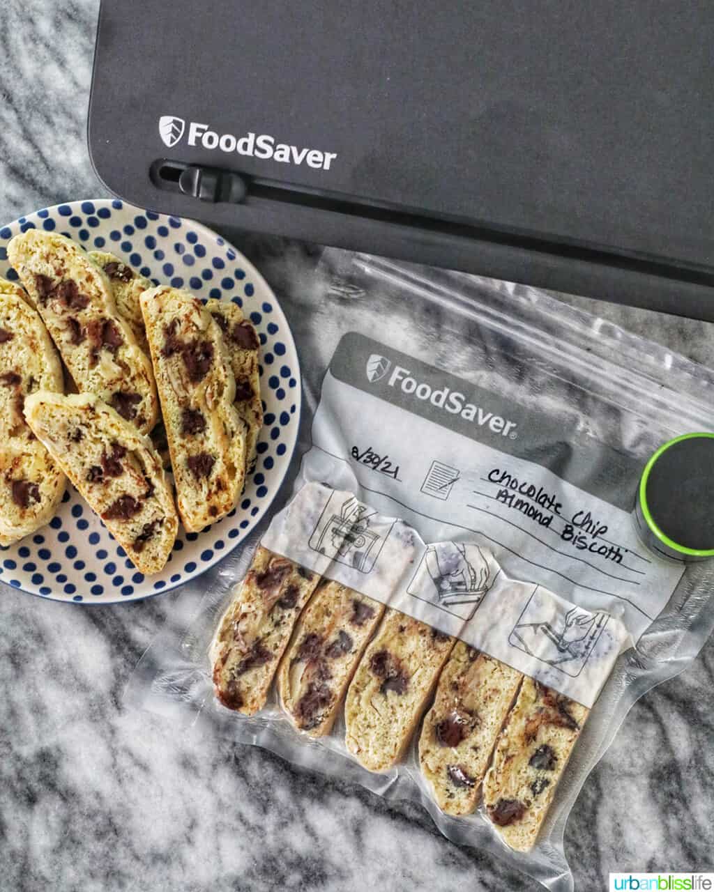 chocolate chip almond biscotti with FoodSaver bags