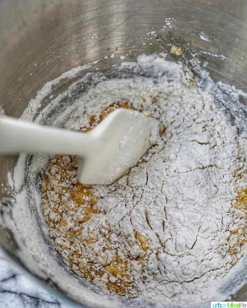 mixing the dry ingredients into the wet ingredients for chocolate chip almond biscotti