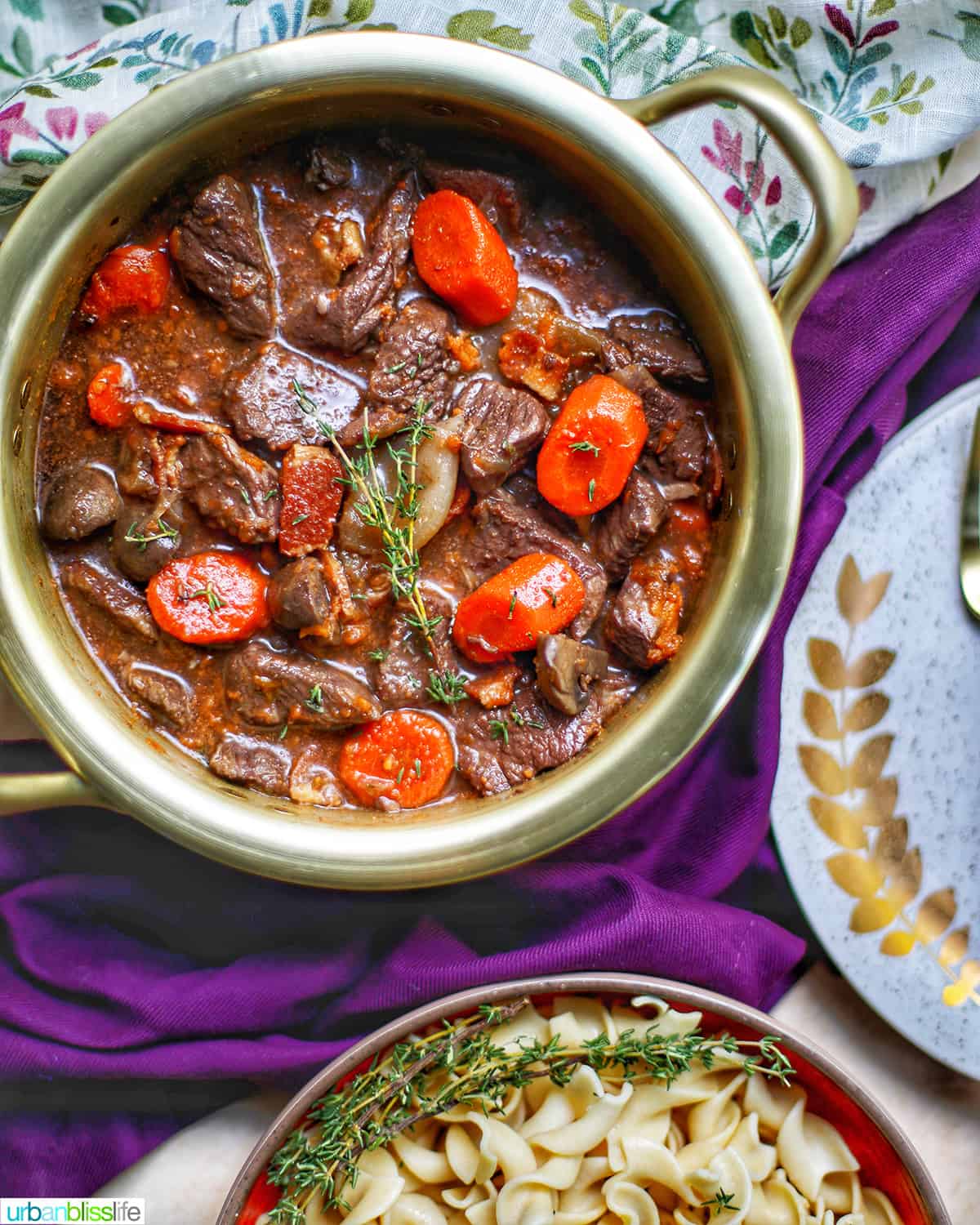 beef bourguignon with pasta peeking out of bottom