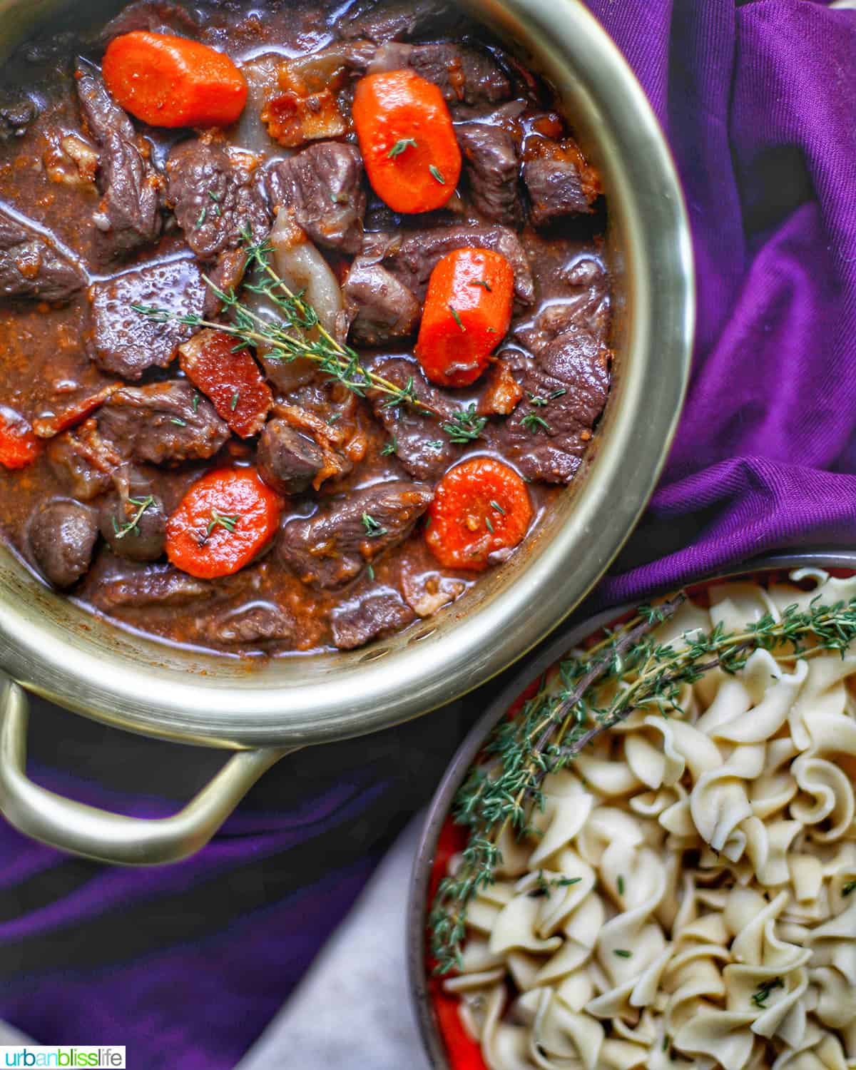 bowl of beef bourguignon with pasta