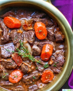 close up of beef bourguignon in big bowl