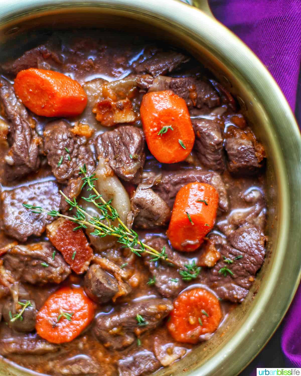 close up of beef bourguignon in big bowl with beef, carrots, bacon.