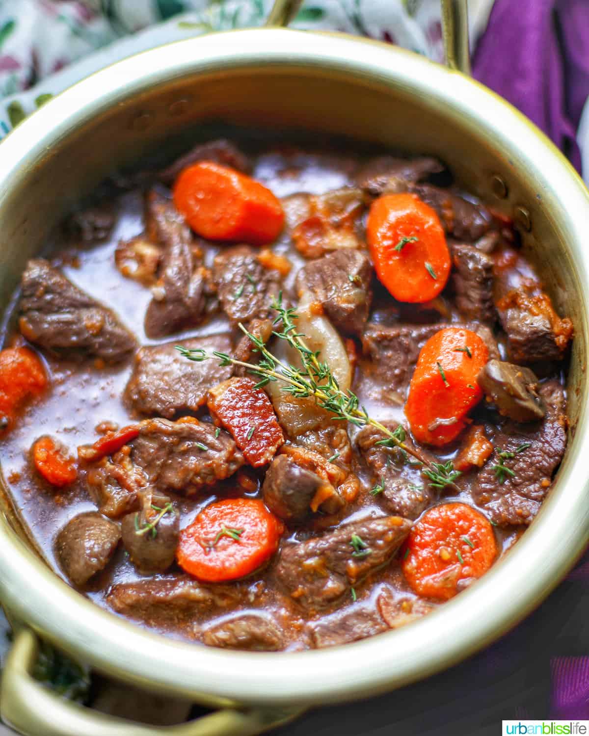 close up of beef bourguignon in big bowl with beef, carrots, bacon.