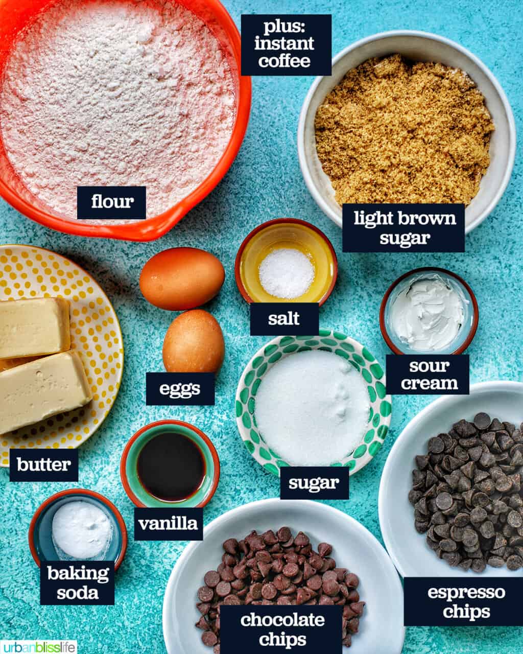 ingredients to make chocolate chip espresso cookies with brown butter