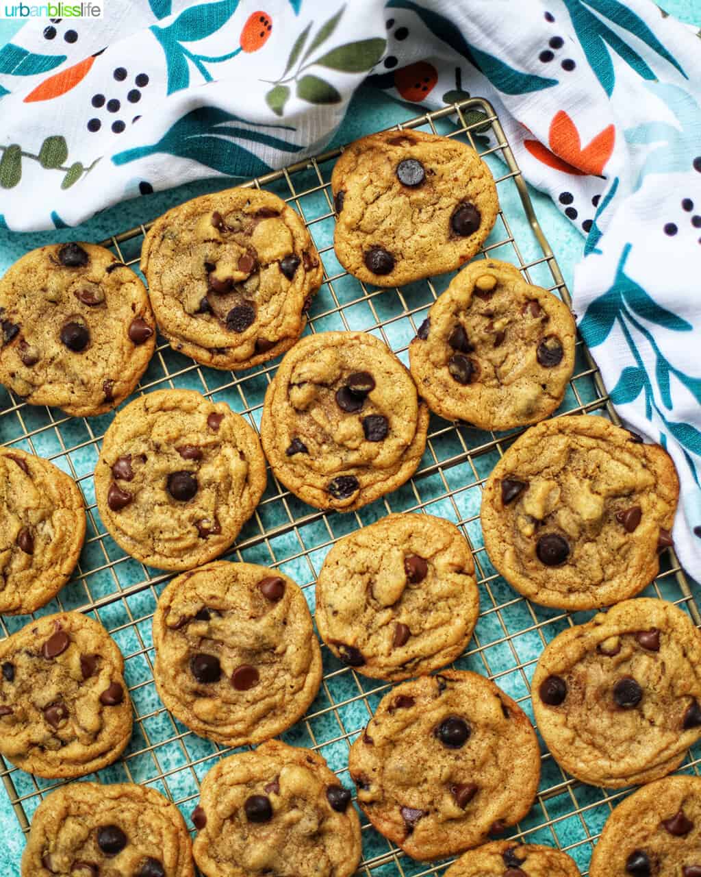 cooling rack full of chocolate chip espresso cookies