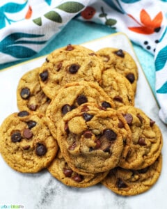 stack of batter for brown butter chocolate chip cookies