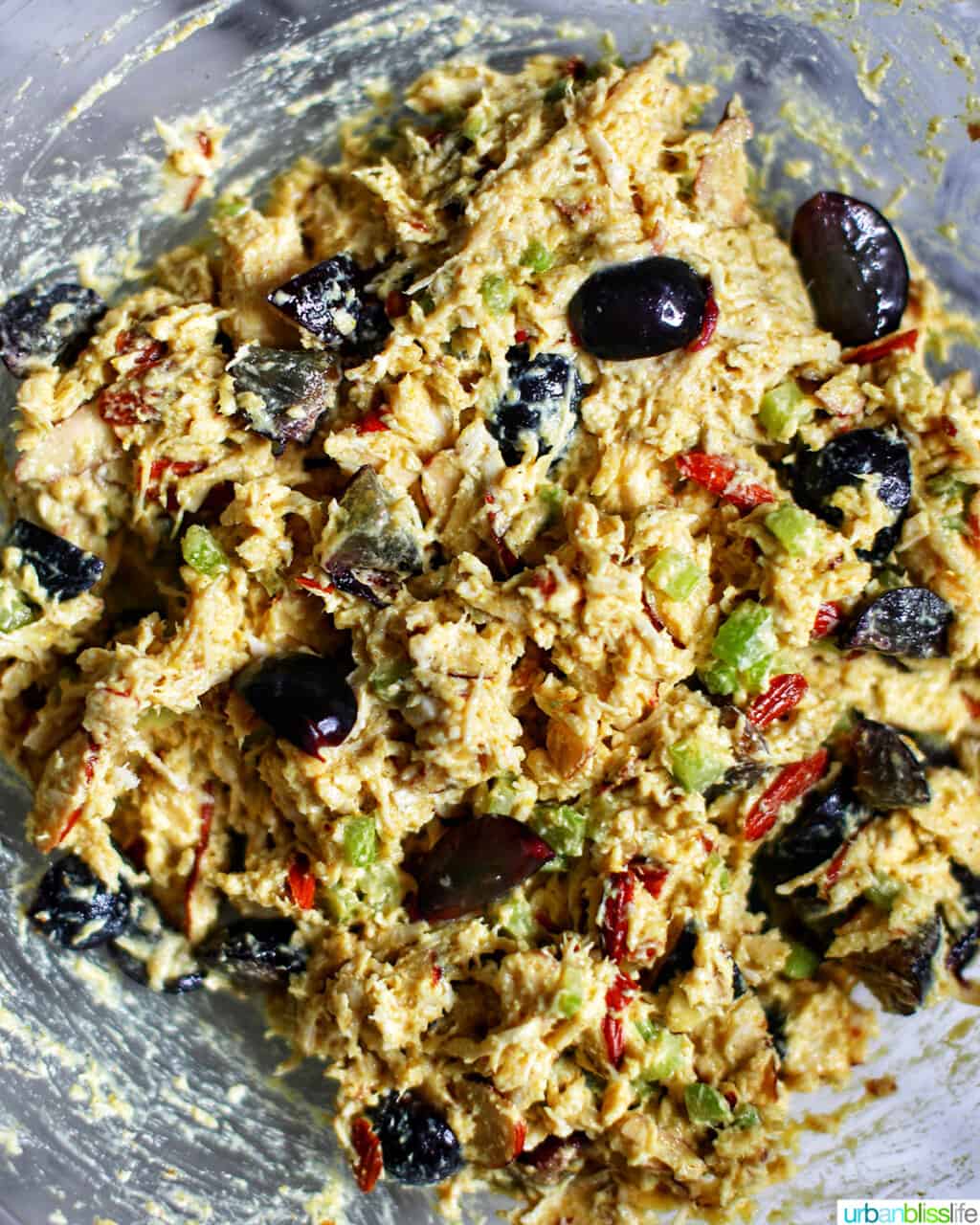 bowl of mixed curry chicken salad