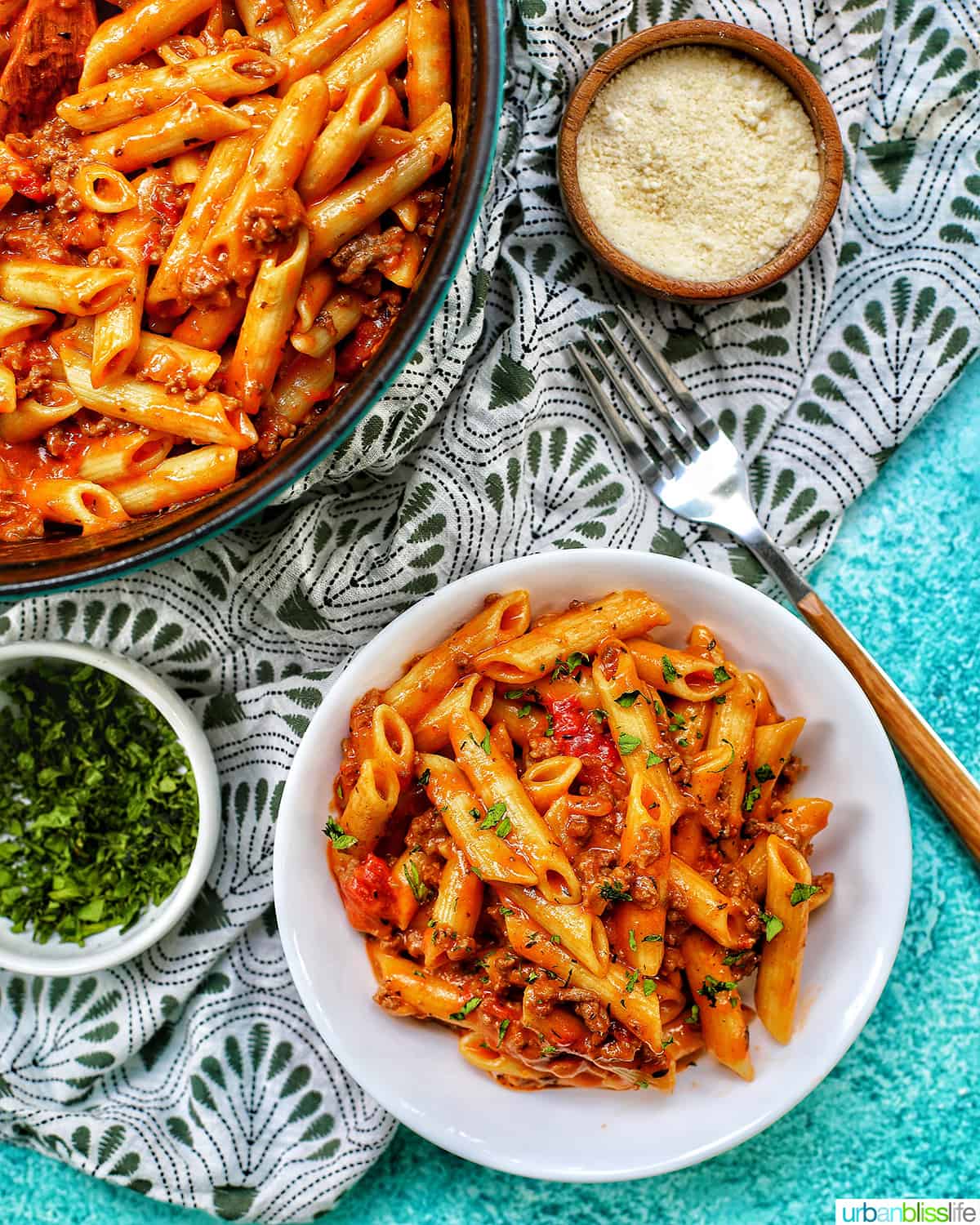 bowl of dairy-free creamy ground beef pasta