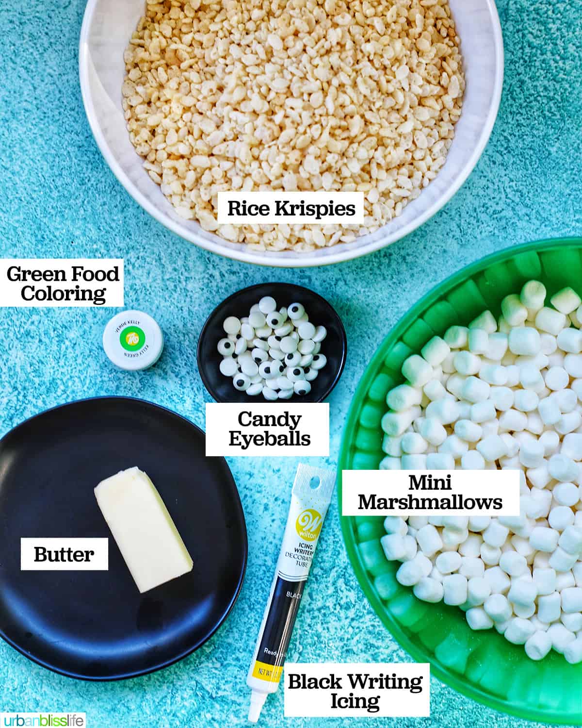 ingredients for Frankenstein Rice Krispie Treats.