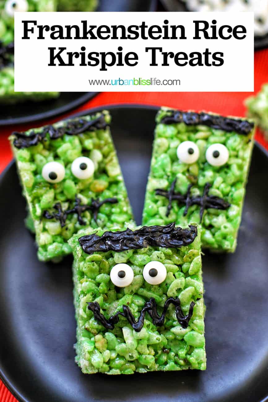 Frankenstein Rice Krispie Treats with text overlay