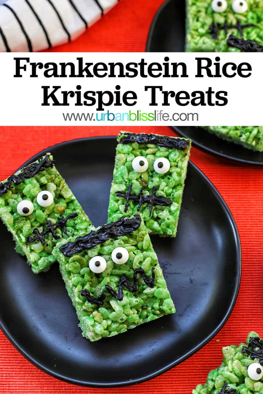 black plate of Frankenstein Rice Krispie Treats with Pinterest text