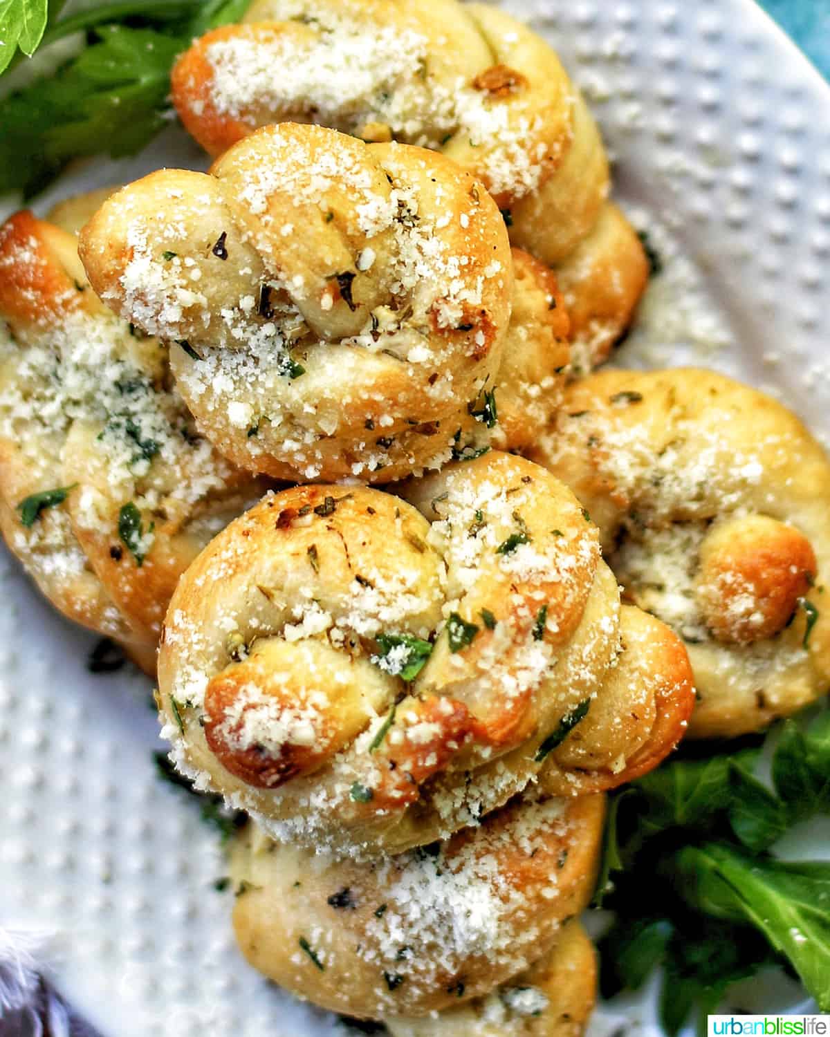 several garlic parmesan knots on a white plate with fresh herbs.