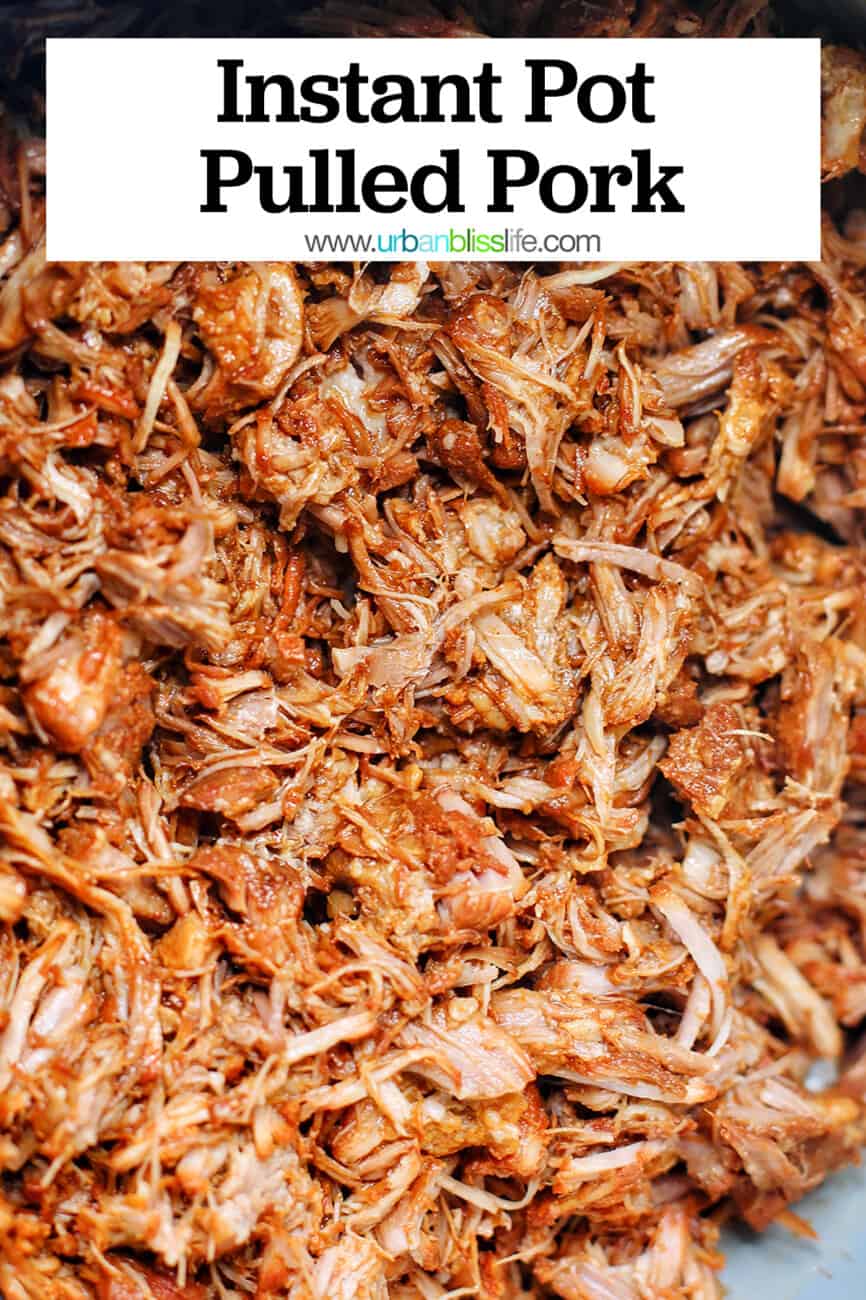 shredded pulled pork in an instant pot with text overlay