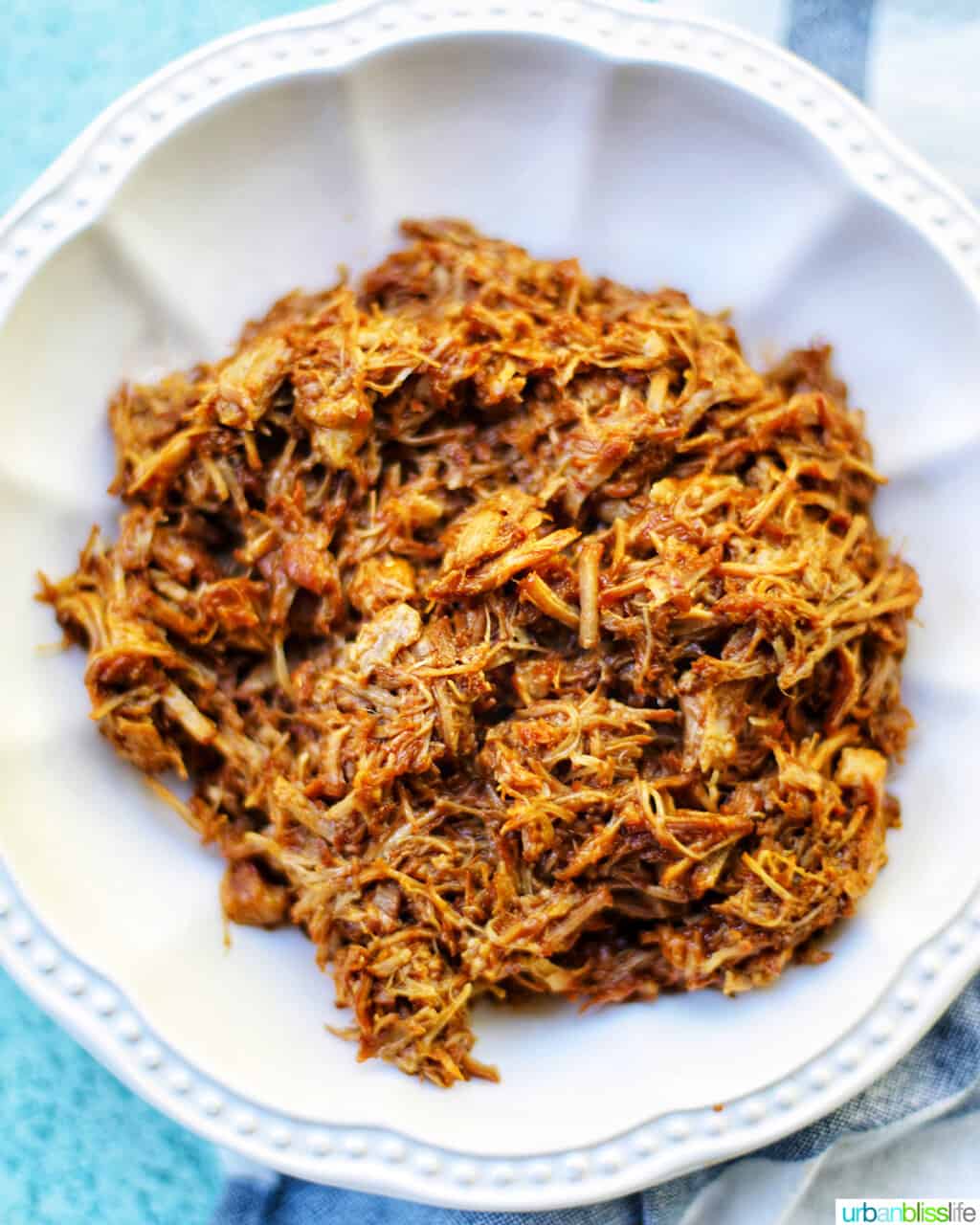 pulled pork in a white bowl
