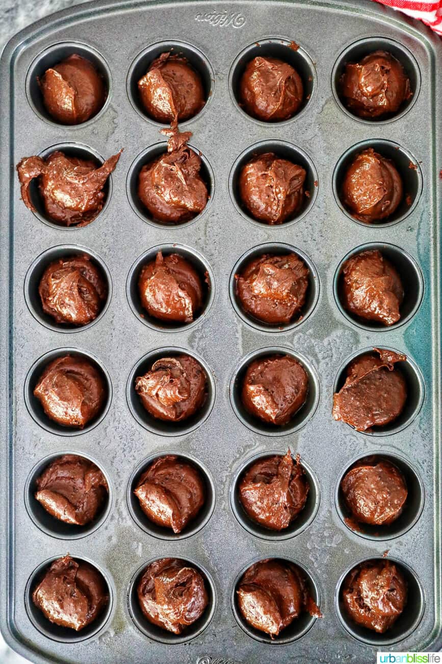 scooped brownie batter into mini muffin pan