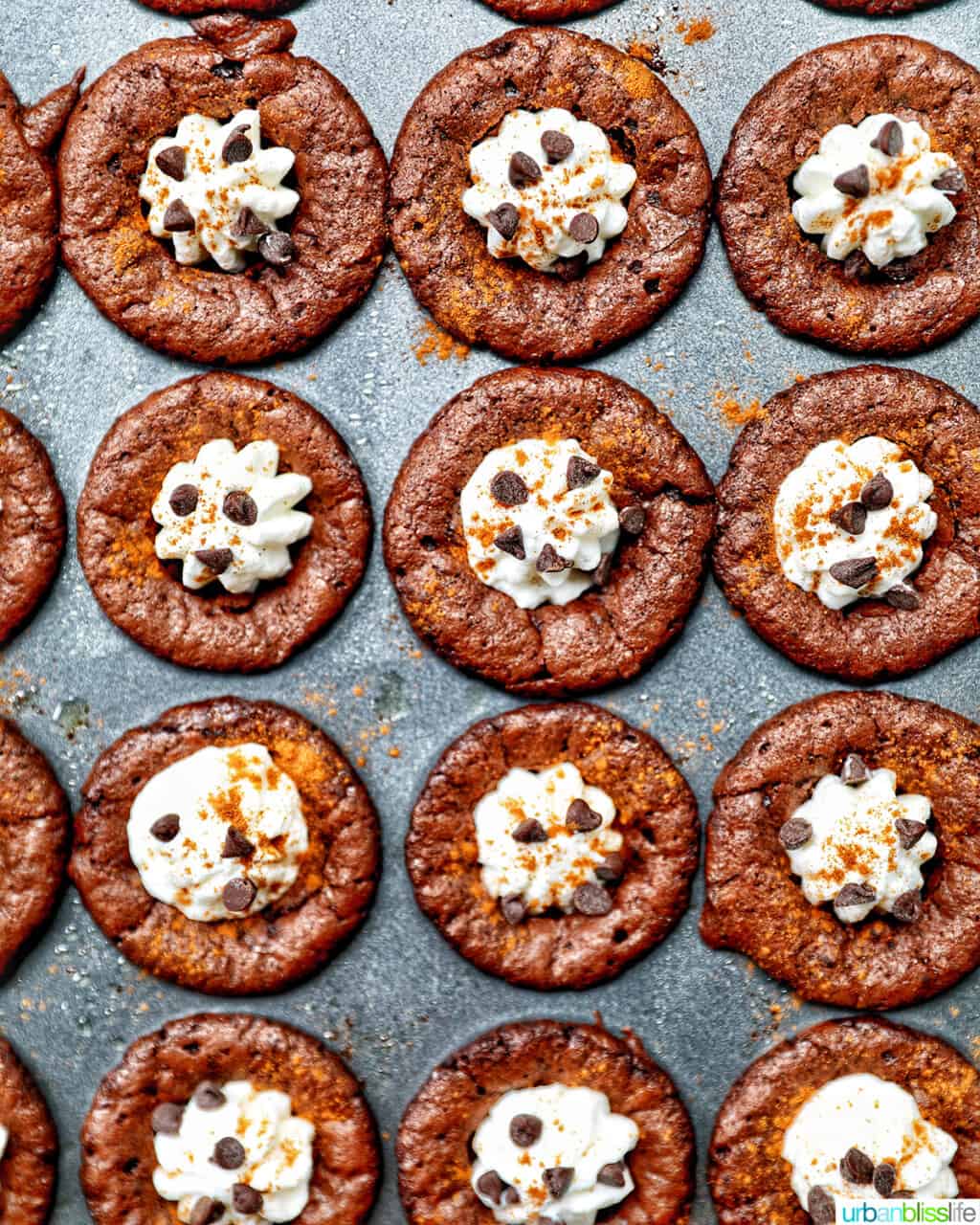 Mini Brownie Bites Eggnog Whipped Cream in baking pan