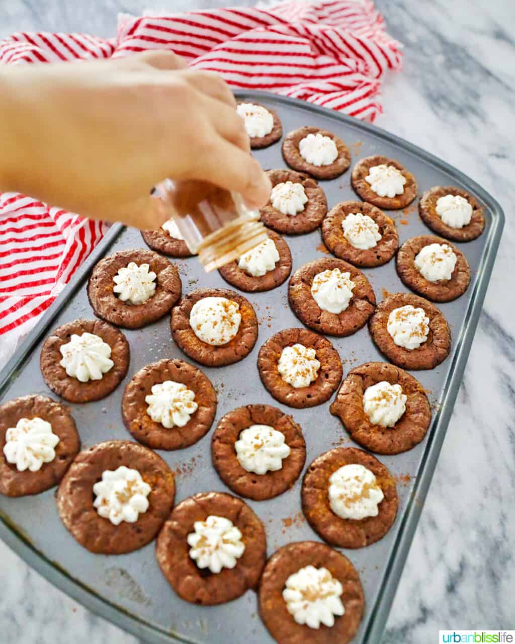 adding cinnamon to Mini Brownie Bites Eggnog Whipped Cream