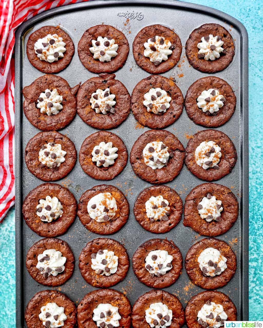 Mini Brownie Bites Eggnog Whipped Cream in baking pan