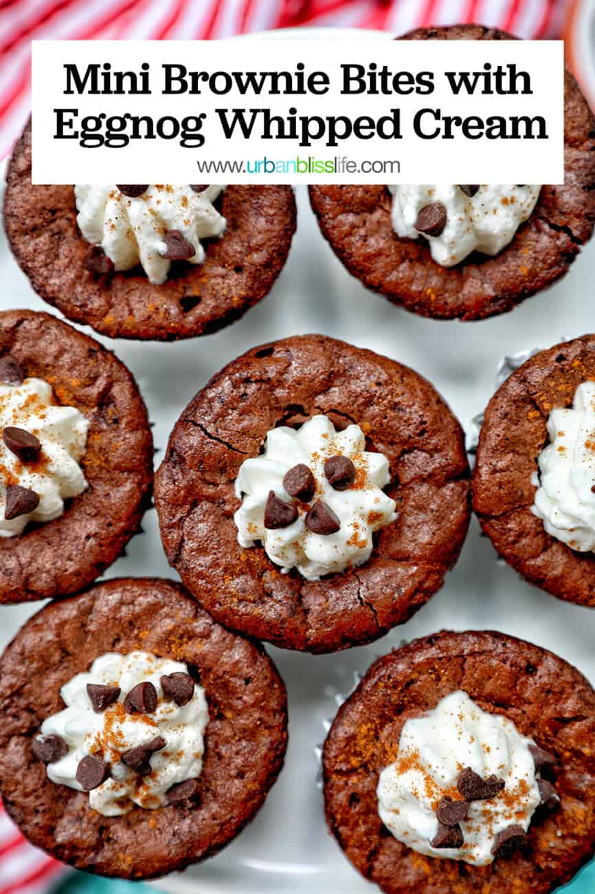 mini brownie bites eggnog whipped cream with text overlay