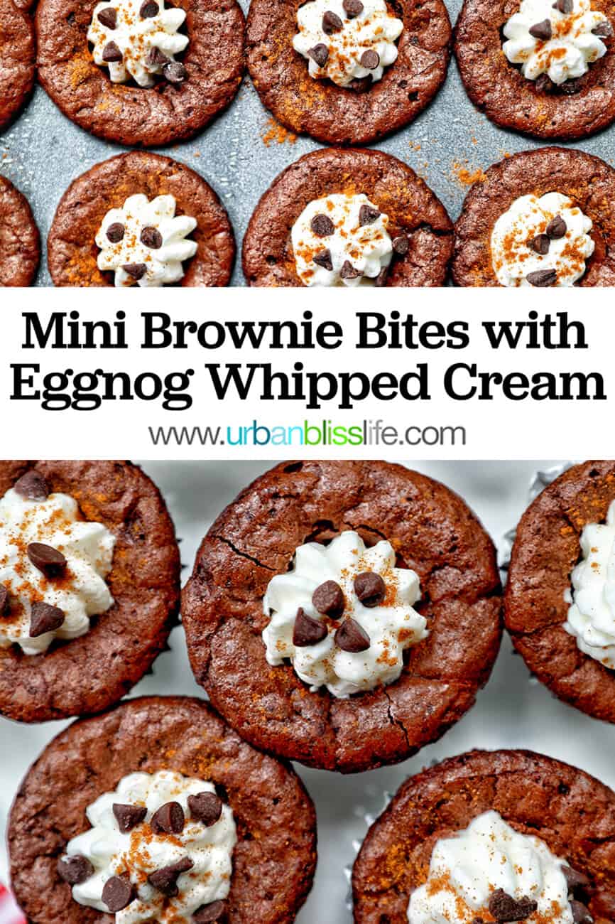mini brownie bites eggnog whipped cream with text
