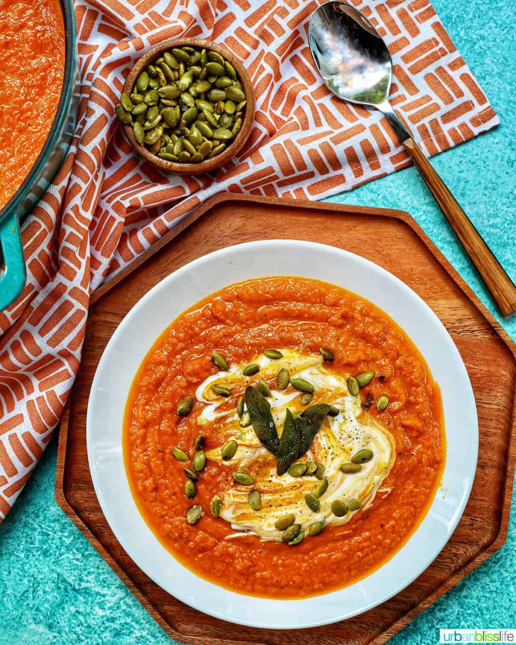 pumpkin soup without cream in bowl with pumpkin seeds