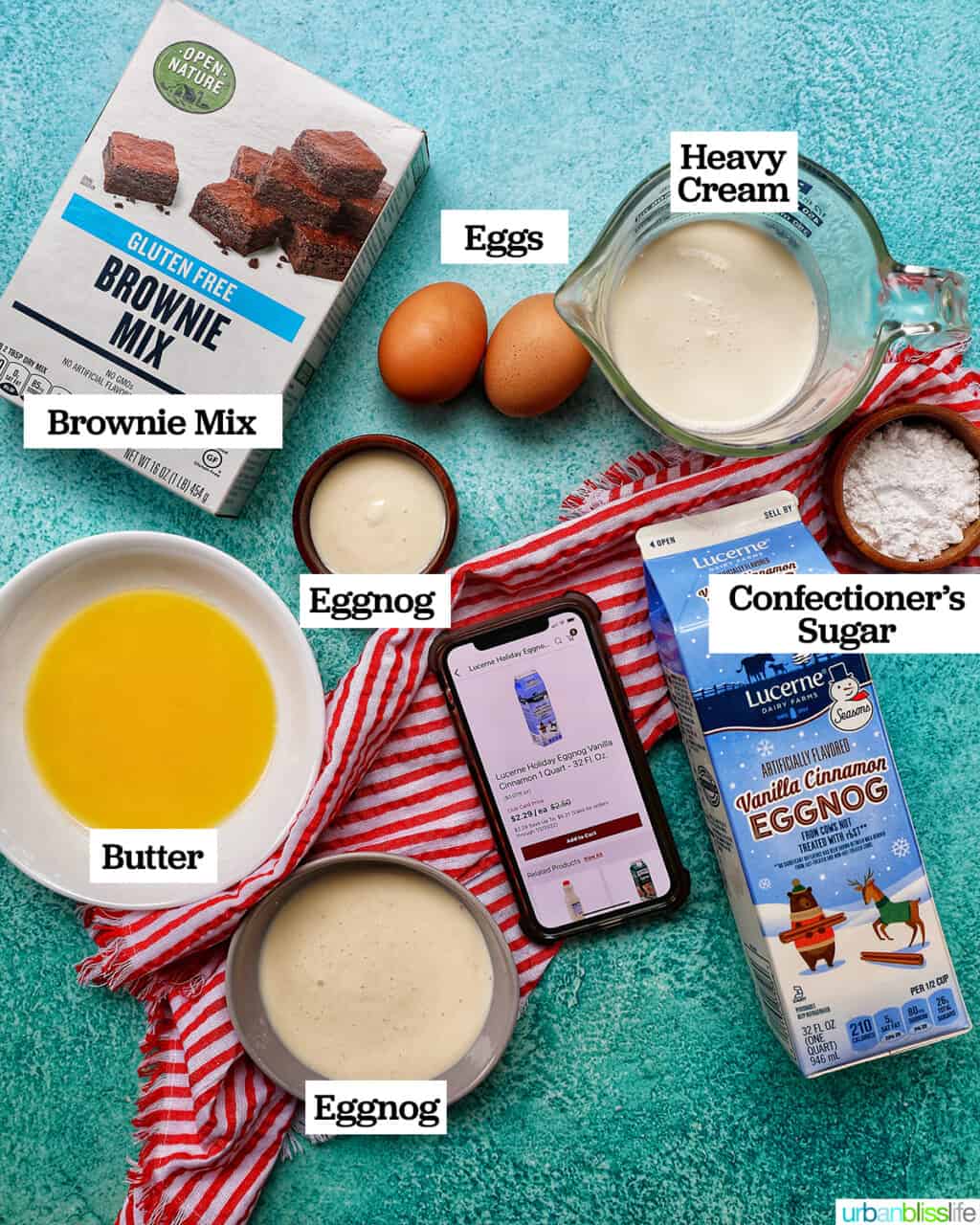 ingredients to make mini brownie bites eggnog whipped cream