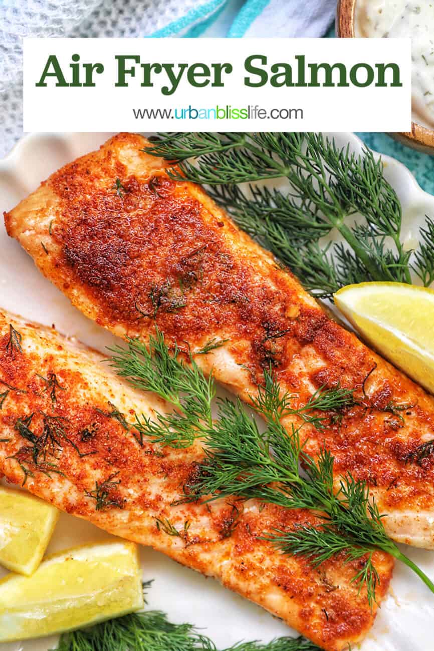 air fryer salmon with text overlay