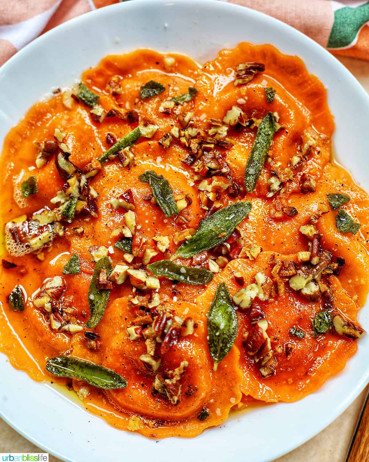 bowl of Butternut Squash Ravioli with Crispy Sage and Brown Butter Sauce