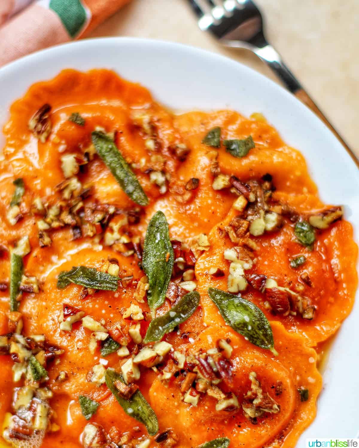 bowl of Butternut Squash Ravioli with Crispy Sage and Brown Butter Sauce