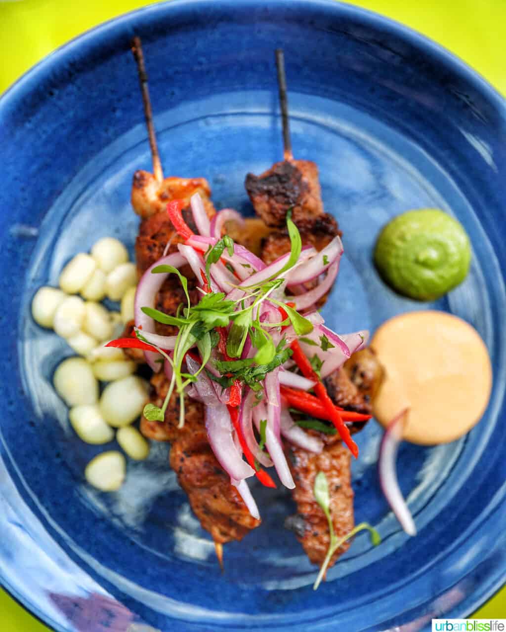 meat skewers on a blue plate.
