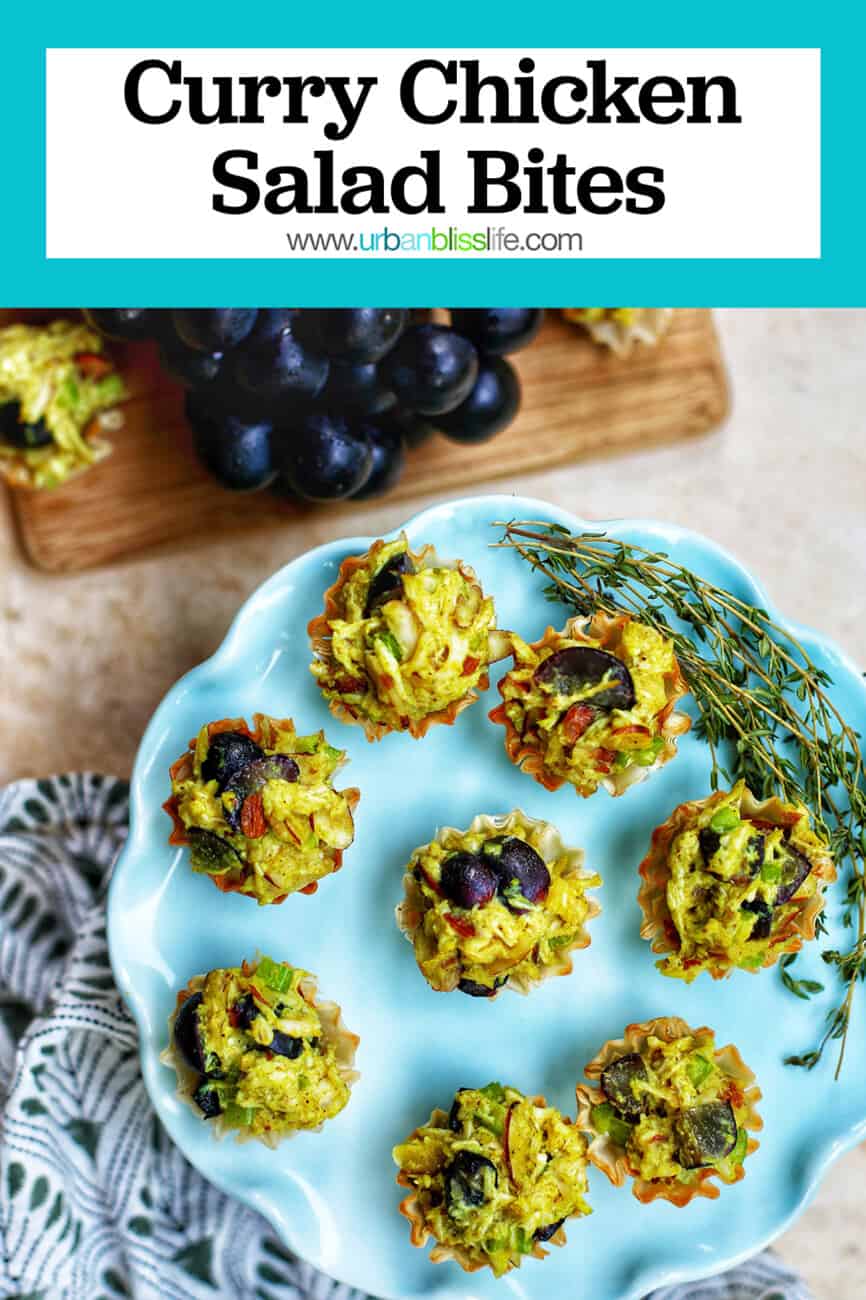 Curry Chicken Salad Bites on a blue plate with text overlay