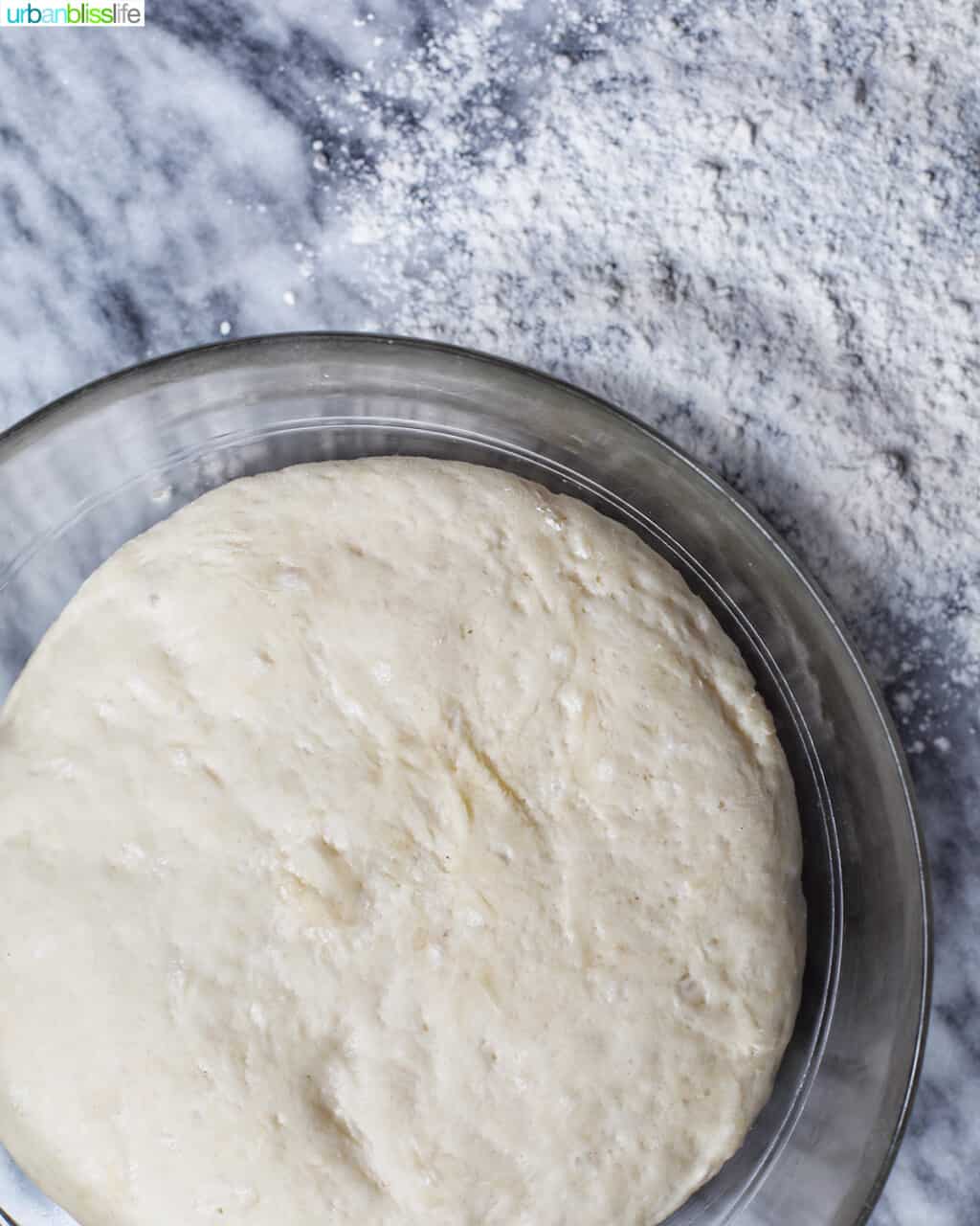 proofed dough in bowl ready to turn out onto floured surface