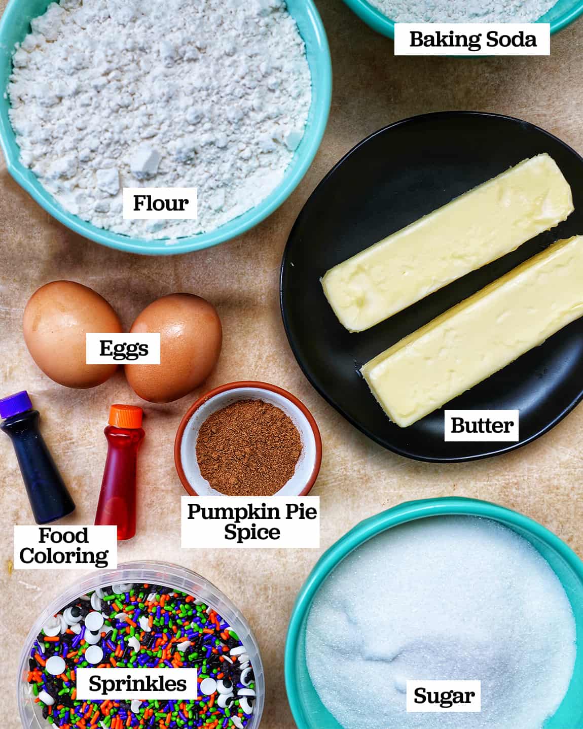 ingredients for Halloween pinwheel cookies.